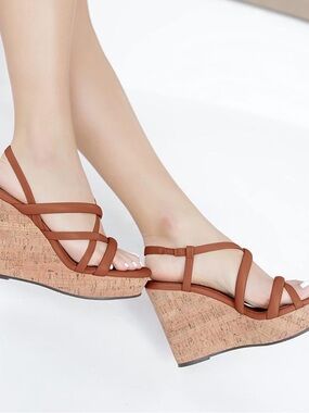 Coutgo Platform Brown Cork Wedge Sandals - Strappy Summer Heels